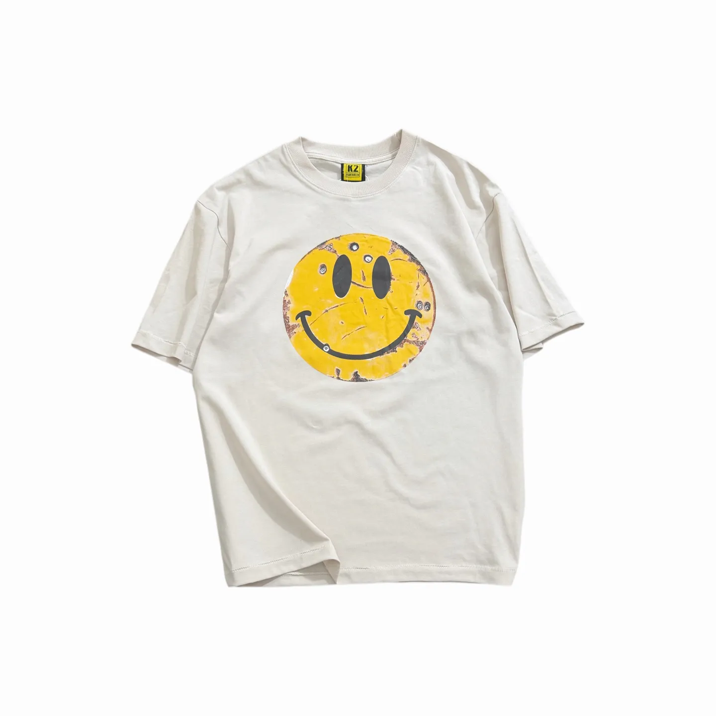 ❥8048#P126 Saint Mxxxxxx ✖️KLF new smiley face Made of double yarn double-ply pure cotton fabric 290 grams, comfortable and breathable to wear, full of street feel, loose fit Craftsmanship: glue rusty printing Size: (S-M-L-XL) Color: gray apricot